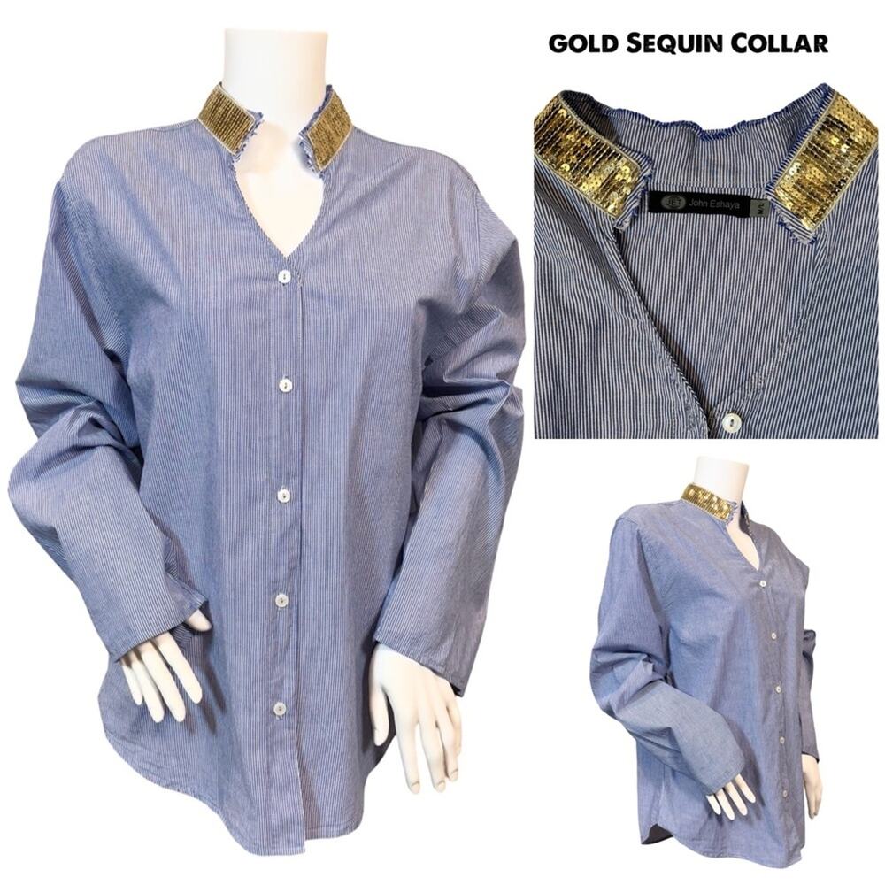 #T102 John Eshaya Gold Sequin Collar Blue & White Button Down Shirt SZ M/L $168